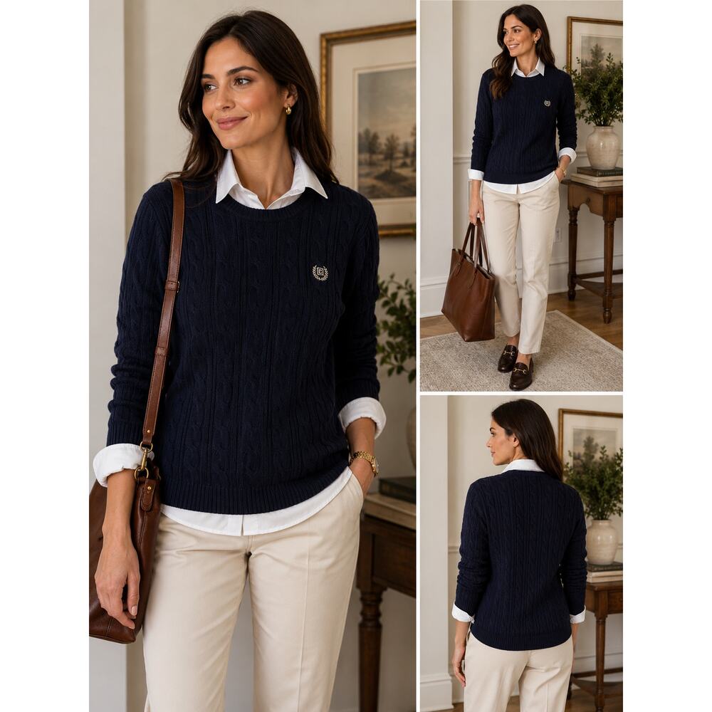 NWT Chaps Cable Knit Sweater Navy Blue Crewneck Medium